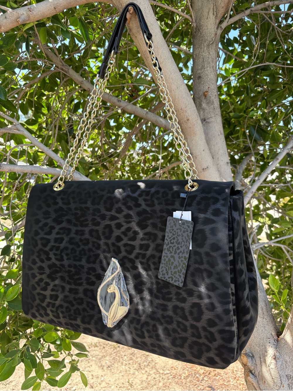 Baby Phat Black Leopard-Print Shoulder Bag with Gold-Tone Chain